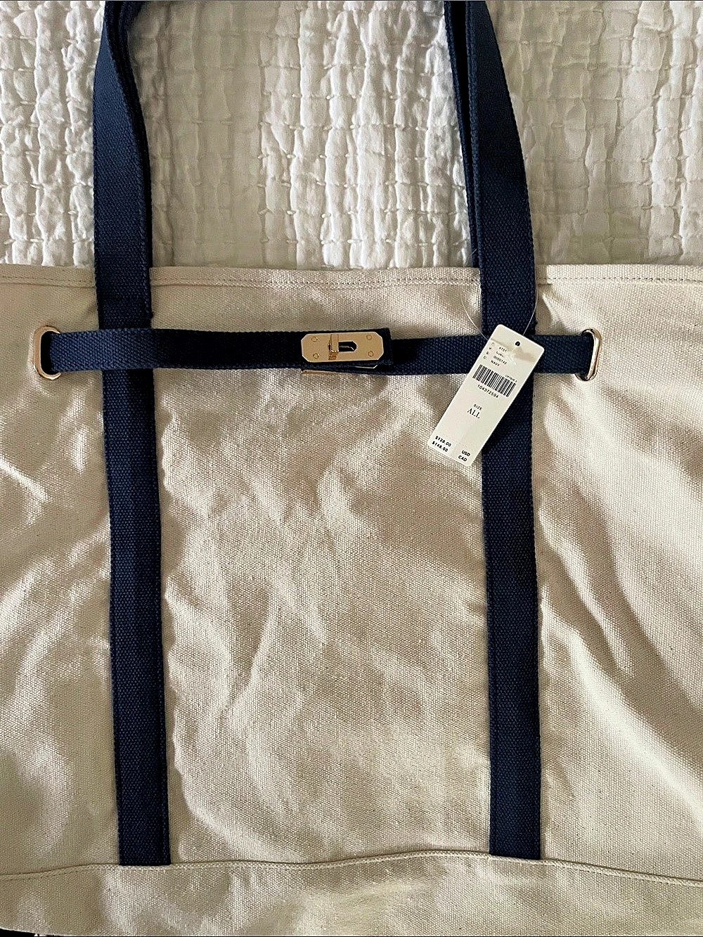 Anthropologie Slouchy Canvas Tote in Cream & Blue NWT